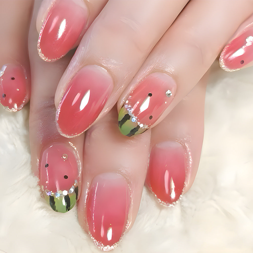 Tropical Bliss Medium Oval Pink Gradient Press On Nail Set with Sparkling Watermelon Tips