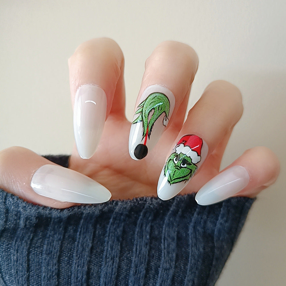 Whimsical Grinch Inspired Long Almond White Press On Nail Set with Festive Christmas Character Design