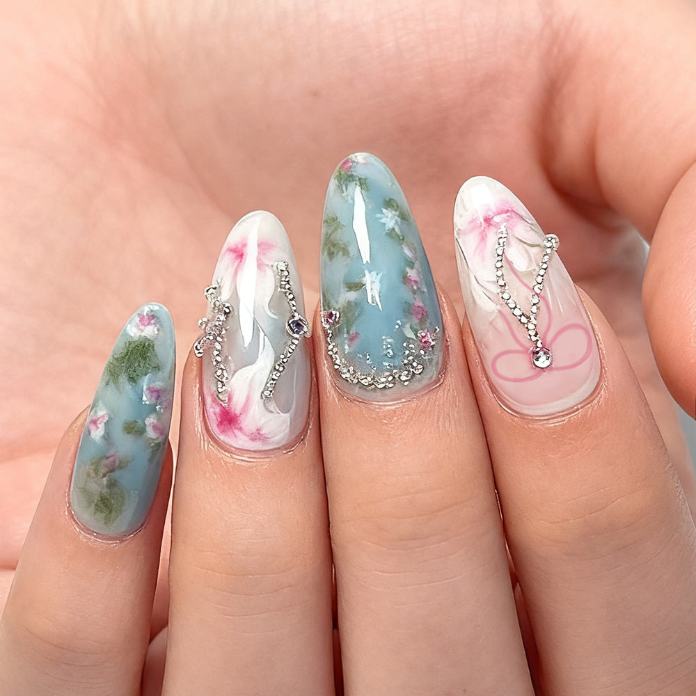 Blooming Elegance Long Almond Blue Floral Design with Sparkling Accents Press On Nail Set