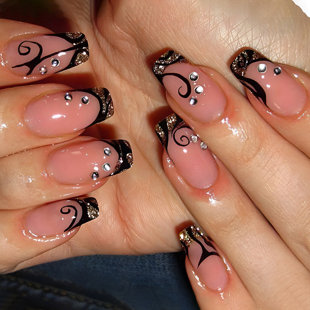 Elegant Glamour Medium Coffin Pink with Rhinestones and Artistic Black Design Nail Set