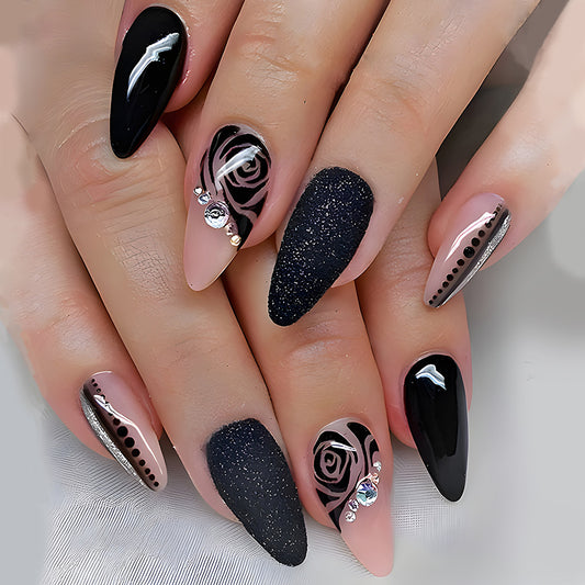 Elegant Rose Noir Medium Almond Press-On Nail Set in Jet Black and Soft Beige with Sparkling Accent Gems