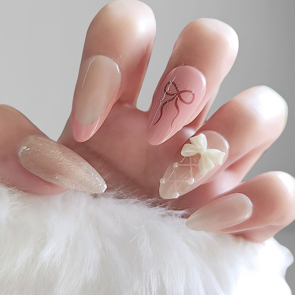 Elegant Soft Rose Almond Long Press On Nail Set with Gradient Shades and Charming Bow Accents