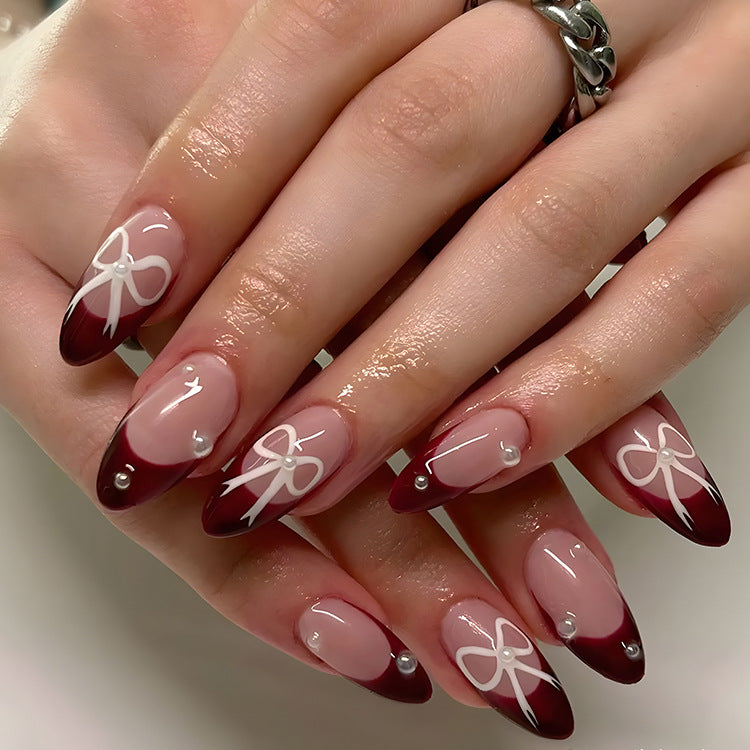 Chic Elegance Long Almond Burgundy Ombre with White Bow Accents and Pearls Press-On Nail Set