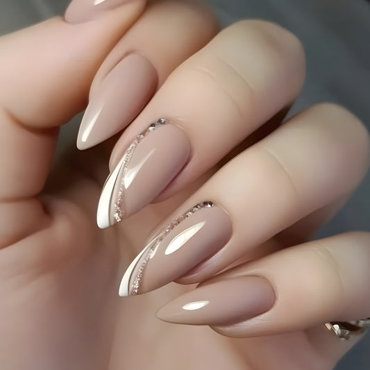 Elegance Unleashed Medium Almond Shaped Beige and White Press On Nail Set with Sparkling Rhinestone Accent
