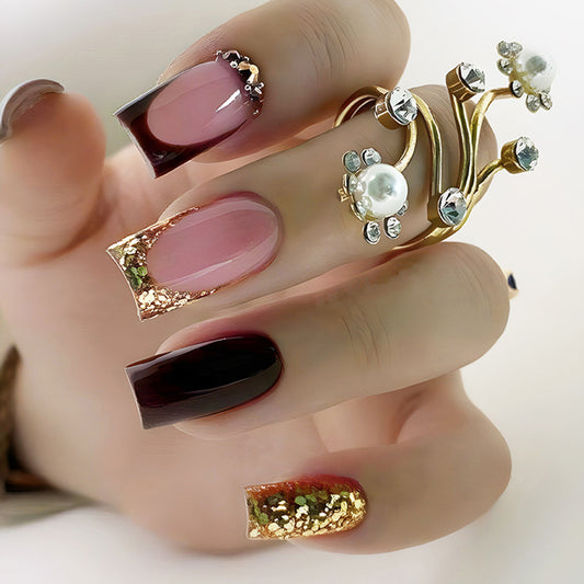 Glamorous Elegance Long Square Burgundy and Pink Press on Nail Set with Glittering Gold Accents