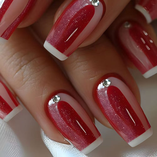 Glamorous Cherry Blossom Medium Square Red Press-On Nail Set with Sparkling Accent Rhinestones
