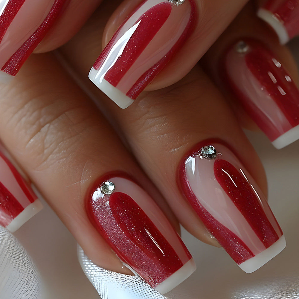 Festive Elegance Long Square Red and White Striped with Rhinestone Accent Press On Nail Set