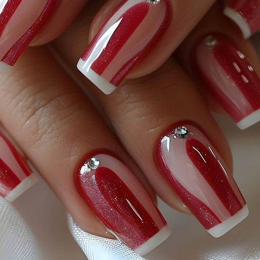 Festive Elegance Long Square Red and White Striped with Rhinestone Accent Press On Nail Set