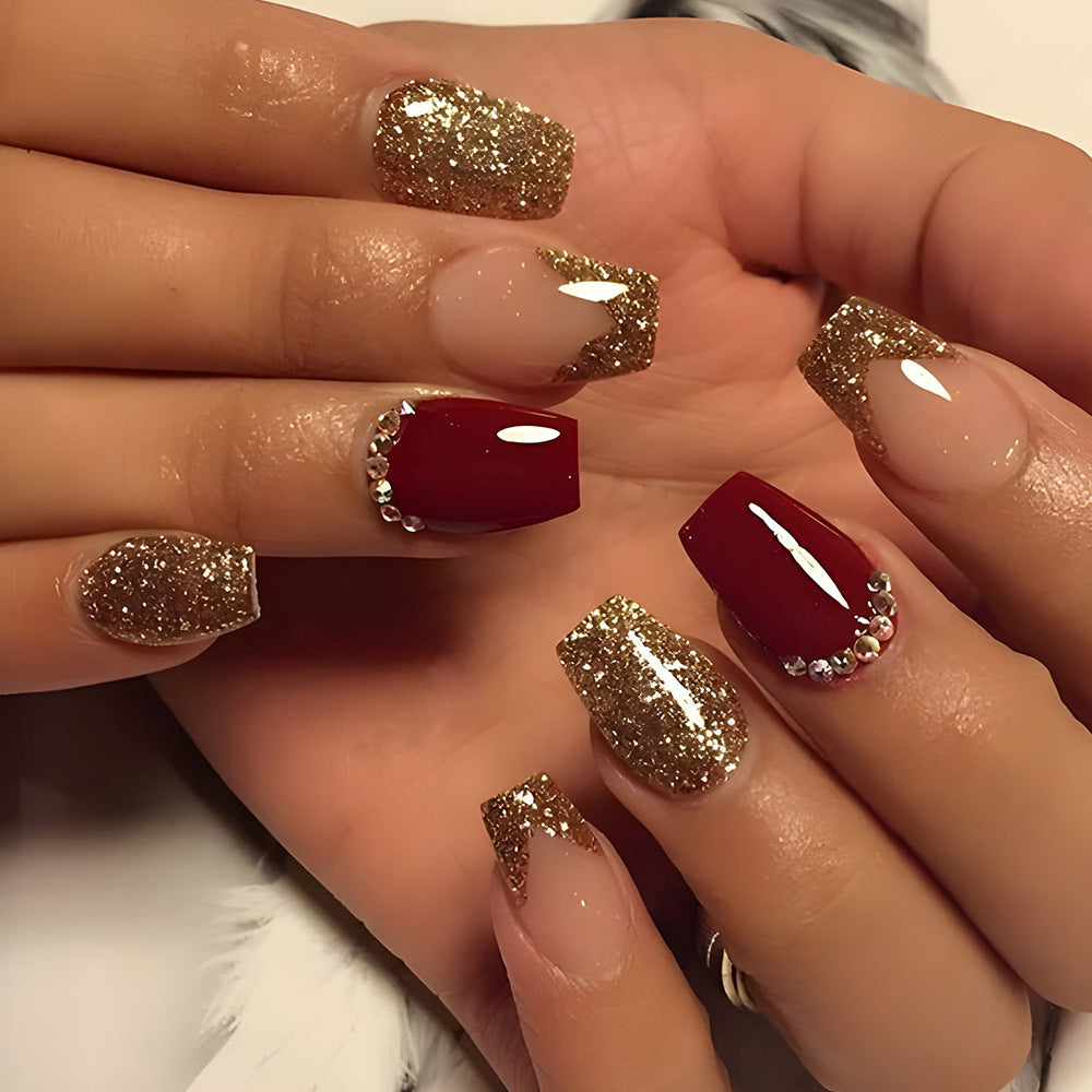 Glamorous Elegance Short Coffin Burgundy and Gold Glitter Nail Set with Rhinestone Accents