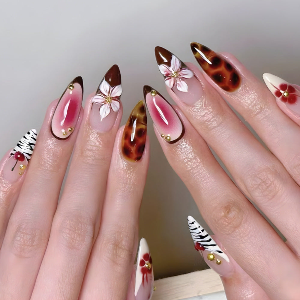 Tropical Sunset Medium Almond Red and Brown Ombre with Floral and Animal Print Accents Press on Nail Set