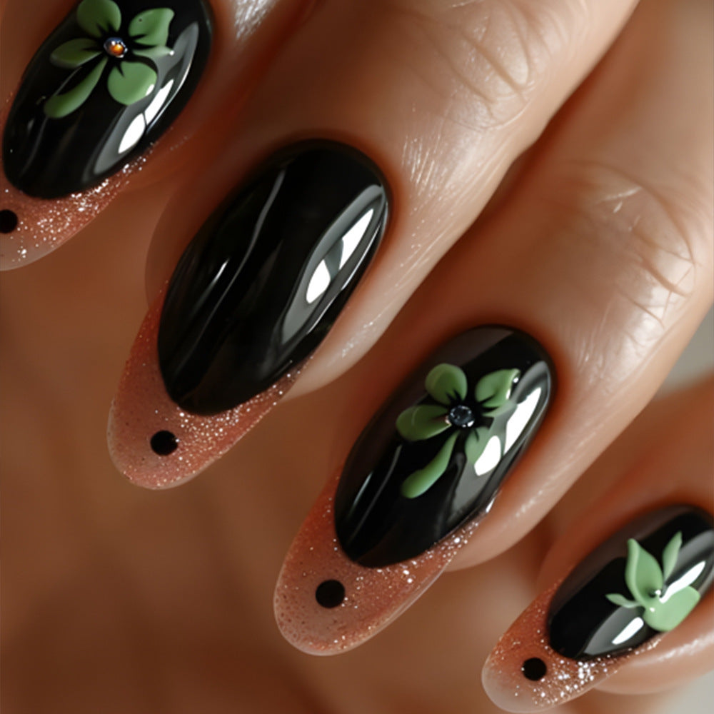 Floral Elegance Long Oval Shaped Glossy Black and Rose Gold Glitter Press On Nail Set with Three Dimensional Green Floral Accents