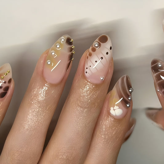 Chic Elegance Medium Almond Beige with Metallic Accents and Artistic Marble Design Press On Nail Set