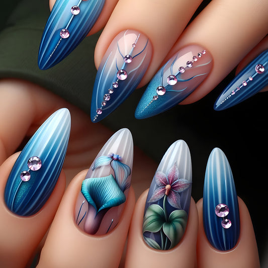Elegant Ocean Dream Press-On Nail Set in Medium Almond Shape with Gradient Blue Finish and Sparkling Gemstone Accents