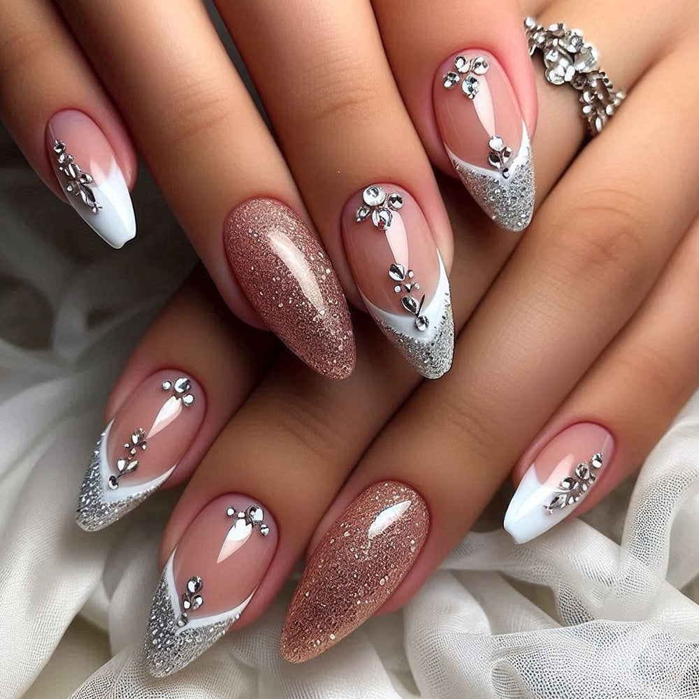 Enchanted Elegance Medium Elegant Almond Blush and White with Sparkling Floral Embellishments Press on Nail Set