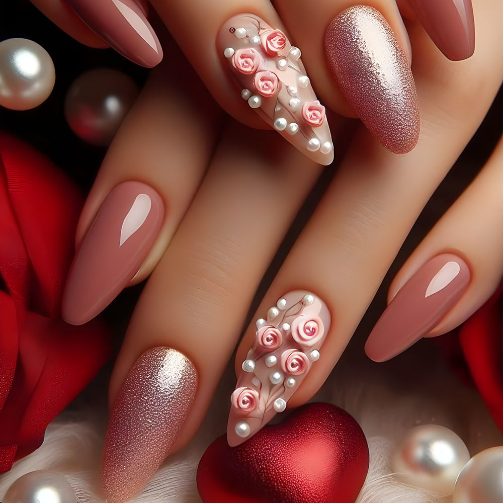 Romantic Garden Dream Long Almond Blush Pink with Delicate Floral Accents and Pearl Decorations Press-On Nail Set