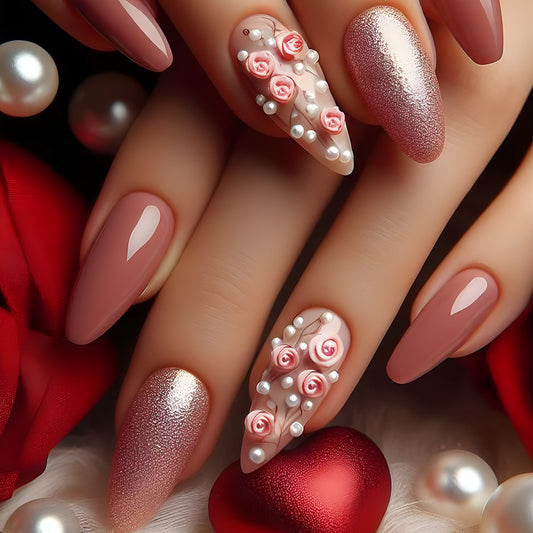 Romantic Garden Dream Long Almond Blush Pink with Delicate Floral Accents and Pearl Decorations Press-On Nail Set