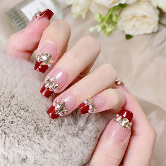 Glamorous Elegance Press On Nail Set Long Coffin Burgundy with Rhinestone Embellishments
