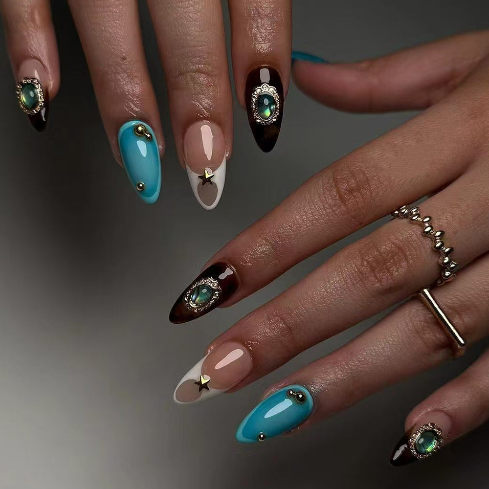 Mystical Ocean Dream Medium Almond Shape Long Length Blue and Brown with Stunning Gemstone Accents Press On Nail Set