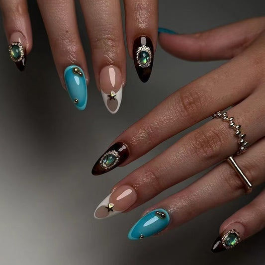 Mystical Ocean Dream Medium Almond Shape Long Length Blue and Brown with Stunning Gemstone Accents Press On Nail Set