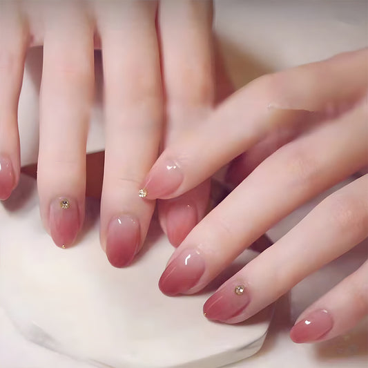Glamorous Rose Ombre Medium Oval Press On Nail Set with Shimmery Gem Accents