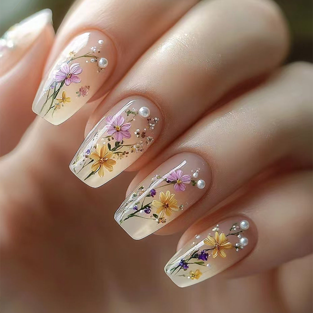 Enchanted Garden Medium Coffin Transparent Floral Nail Set with Pearl Accents