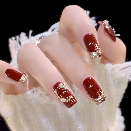 Glamorous Evening Elegance Long Square Burgundy Nails with Stunning Gold and Pearl Embellishments