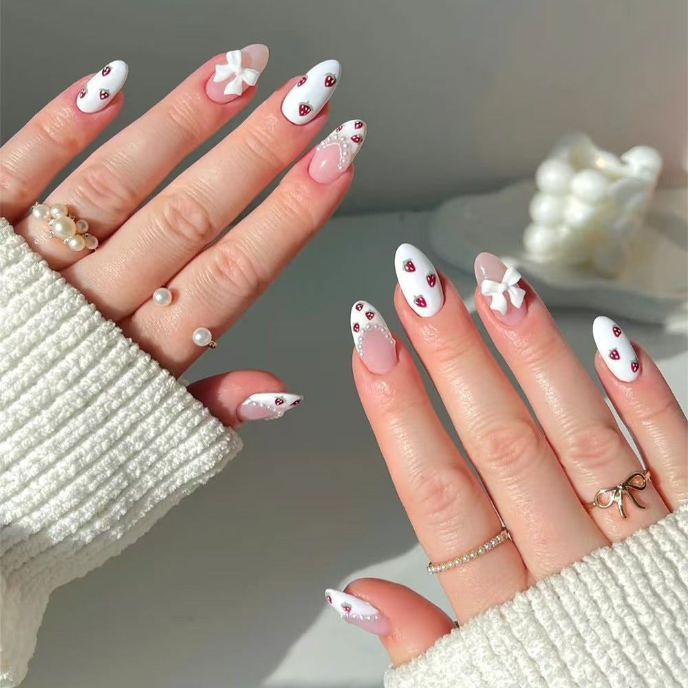 Sweet Blossom Elegant Medium Almond Shaped White and Pink Press On Nail Set with Charming Floral Accents