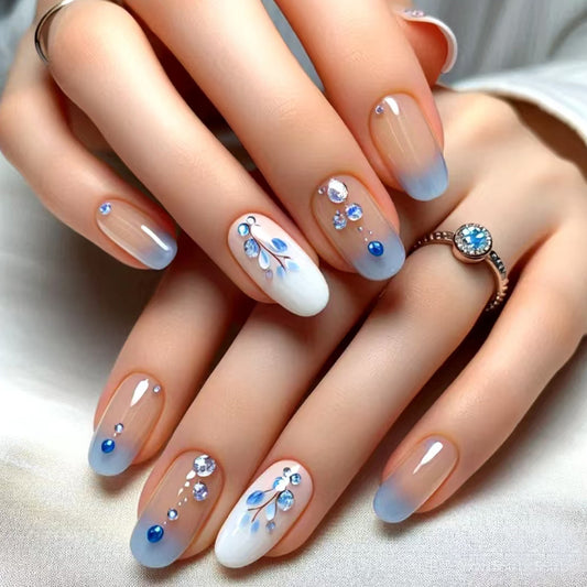 Enchanted Ocean Inspired Long Oval Gradient Blue Press On Nail Set with Dazzling Gems