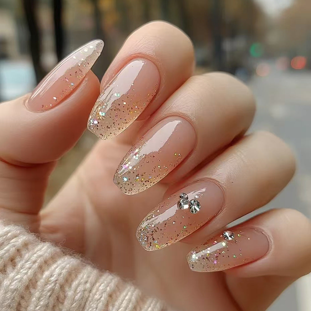 Chic Elegance Medium Coffin Beige Ombre Press-On Nail Set with Glitter and Rhinestone Accents