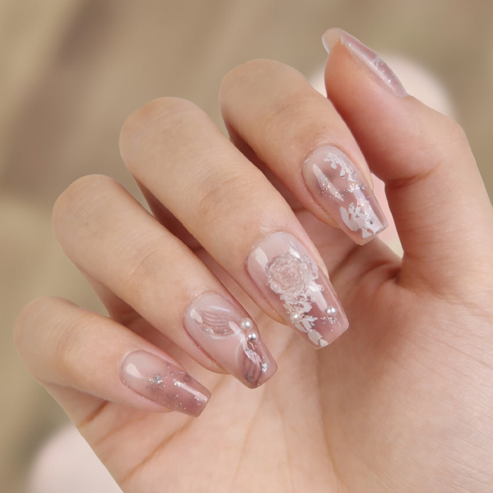 Whimsical Elegance Long Square Blush Pink Press On Nail Set with Floral Accents and Glittering Details