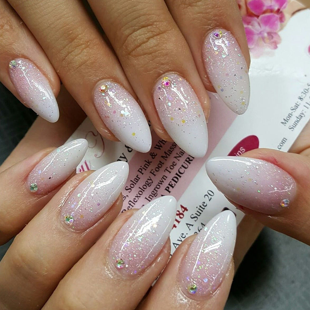 Chic Blossom Short Almond Gradient White Pink Nails with Sparkling Accents