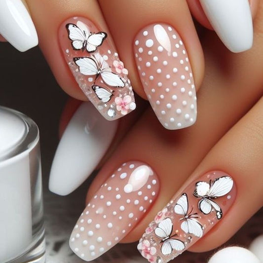 Whimsical Elegance Long Coffin White Ombre with Butterfly and Floral Charm Press-On Nail Set