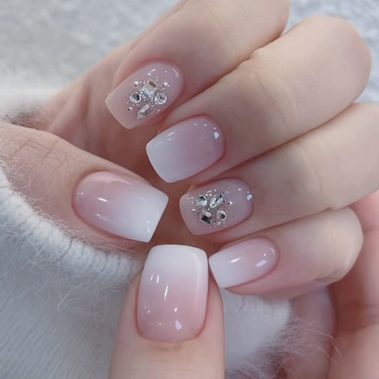 Glimmering Elegance Short Square Ombre Beige with Dazzling Gem Accents Press On Nail Set