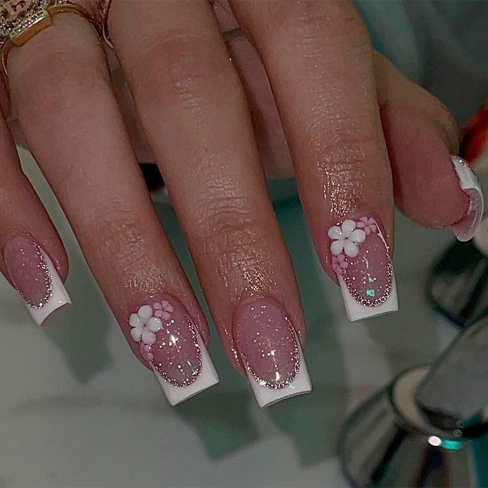 Blossom Dream Pink Square Medium Press On Nail Set with Charming Floral Accents