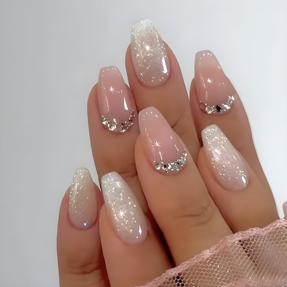 Dreamy Twilight Medium Coffin Ombre Pink with Glittering Rhinestone Tips Press-On Nail Set