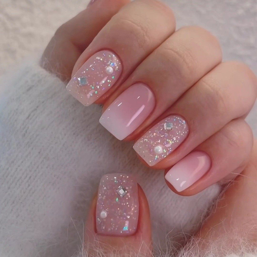 Fairy Dust Pink Medium Square Press on Nail Set with Glitter and Pearl Accents