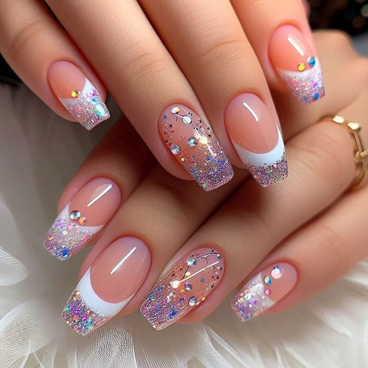 Glistening Fairy Dream Medium Square Blush Pink Nails with Sparkling Glitter and Rhinestone Accents