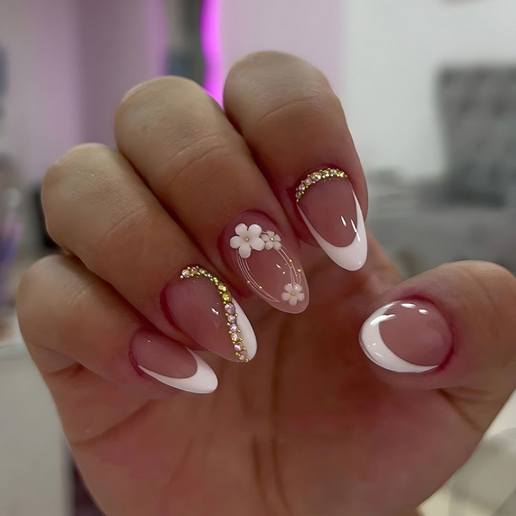 Floral Elegance Long Almond Shaped Clear and White with Sparkling Rhinestone Accents Press on Nail Set