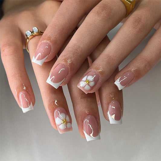 Blossoming Elegance Medium Square Beige and White Nails with Floral Accents