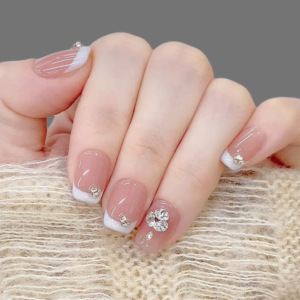 Chic Elegance Glossy Short Square Press On Nail Set in Soft Pink with White Tips and Sparkling Rhinestone Accents