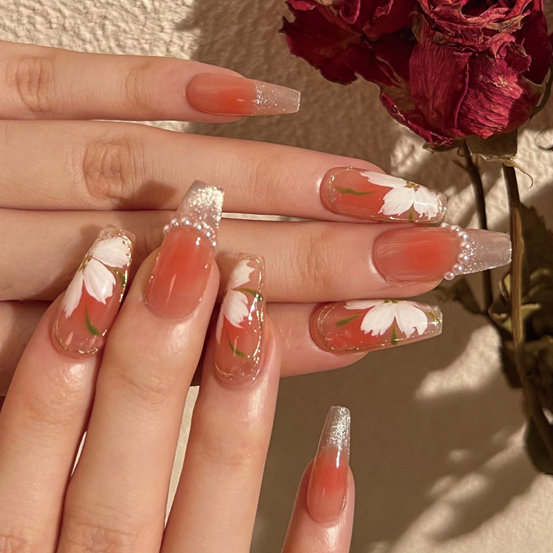 Bohemian Flair Long Coffin Beige Floral Press On Nail Set with Glitter Accents