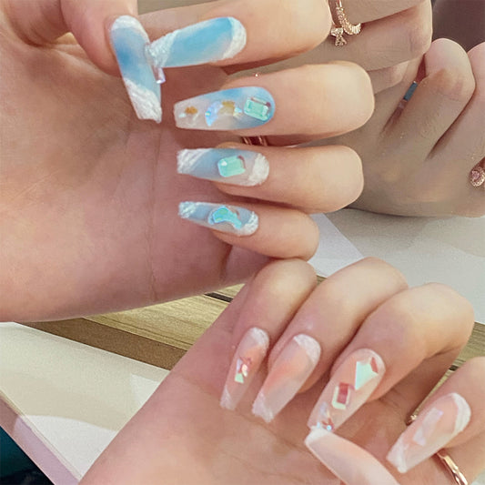 Ocean Bliss Long Coffin Sky Blue and White Press On Nails with Shimmering Seashell Accents