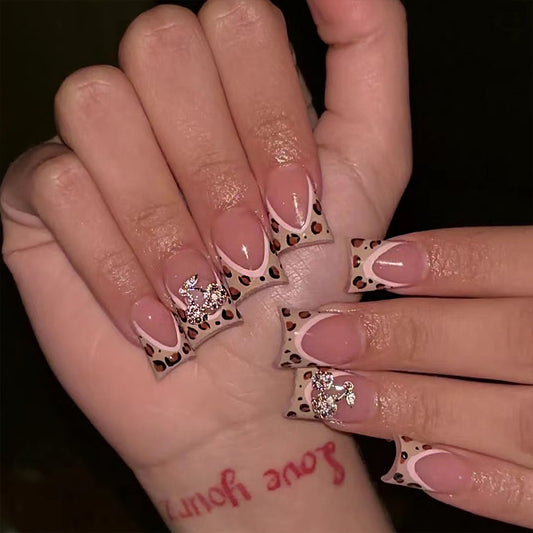 Wild Safari Long Duck Beige with Leopard Print Tips and Rhinestone Accent Press On Nail Set