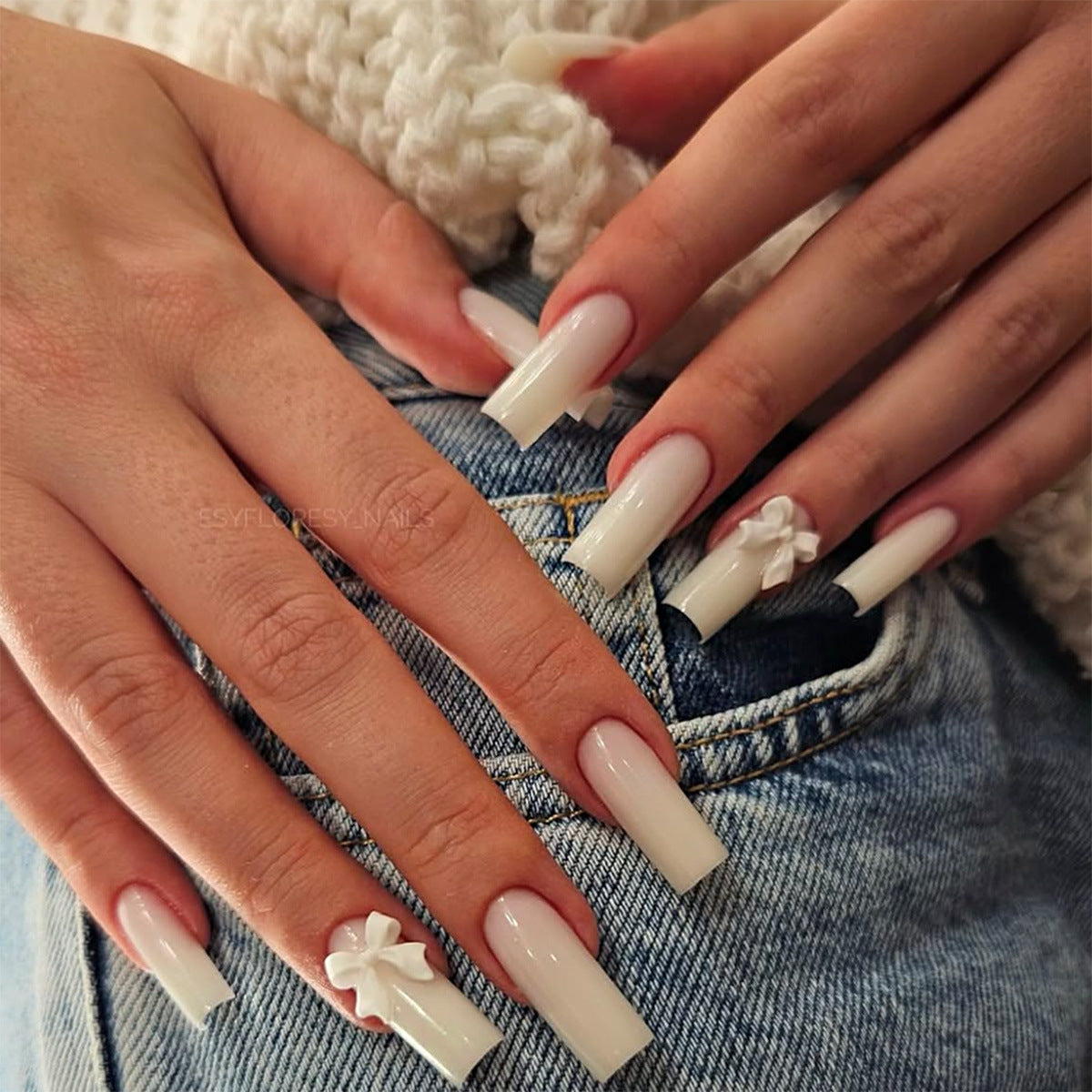 Elegant White Floral Long Square Press-On Nail Set with Unique Bow Detail
