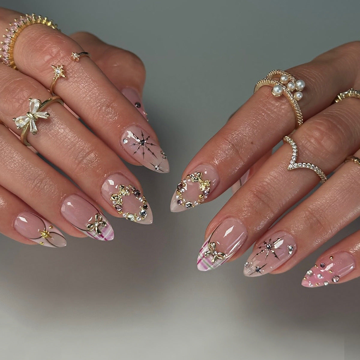 Celestial Glamour Medium Almond Pink with Starry Gem Accents Press on Nail Set
