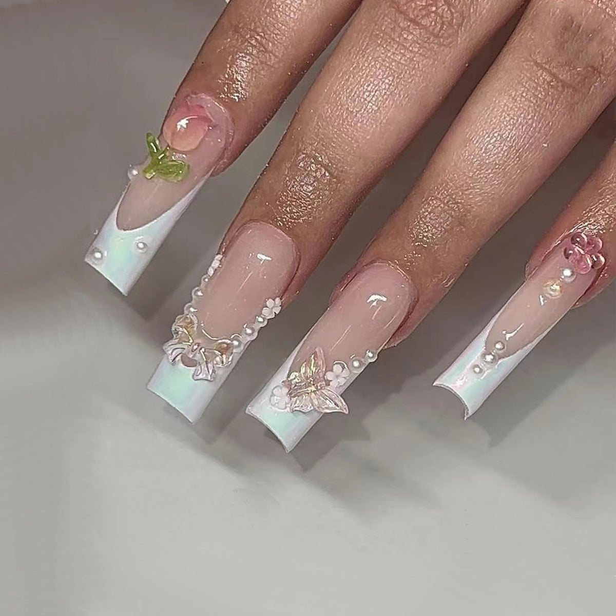 Whimsical Garden Long Coffin Pastel Floral Press On Nail Set
