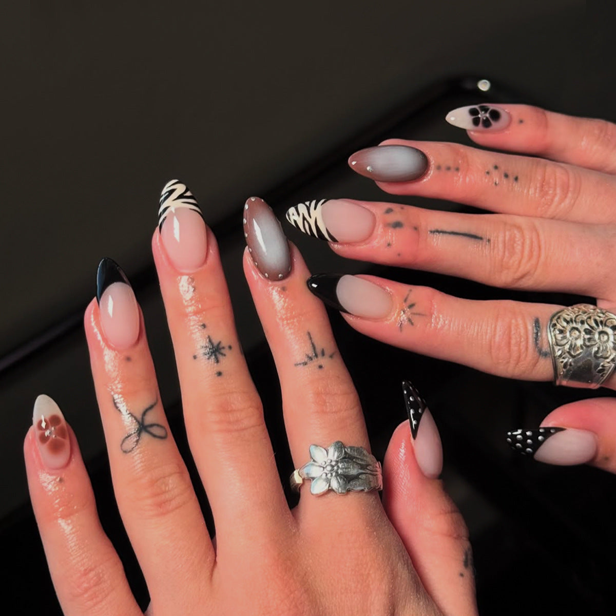 Mystical Elegance Medium Almond Black and White Ombre Press On Nail Set