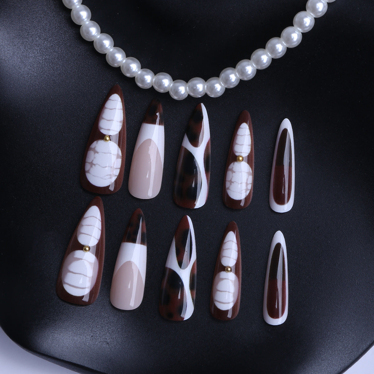 Elegant Design Long Almond Burgundy with Unique Marble Accents Press on Nail Set