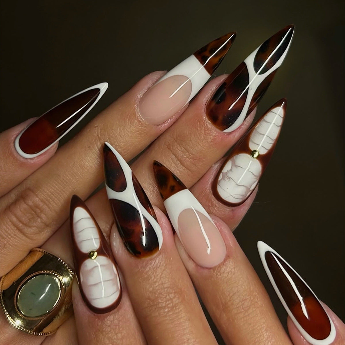 Elegant Autumn Stiletto Long Brown and White Abstract Design Press On Nail Set