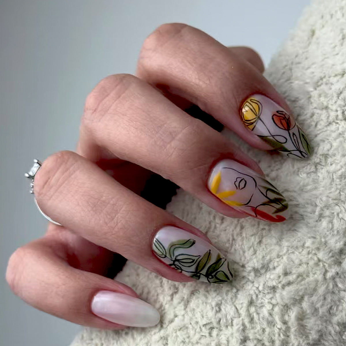 Floral Fantasy Medium Almond Pastel Colors with Artistic Design Press On Nail Set